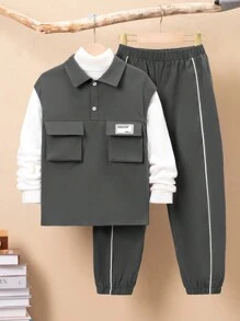 SHEIN 男大童字母貼布翻蓋口袋假兩件上衣&拼接滾邊長褲