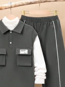 SHEIN 男大童字母貼布翻蓋口袋假兩件上衣&拼接滾邊長褲