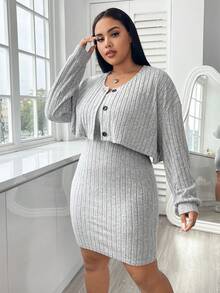 SHEIN EZwear Hơn Thả vai Áo khoác & Váy bodycon - Xám - Xem 3
