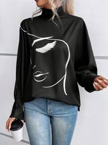 EMERY ROSE Figure Graphic Batwing Sleeve Mock Neck Blouse Fall Cloth For Women - Black - View 3