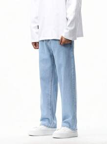 Chillumni Loose Fit Nam Túi Nghiêng Chân Thẳng Quần Jean Baggy Dài Giặt Nhẹ Jean Hàng Hóa Trơn Xanh Dự Tiệc Thông Thường Áo Sơ Mi bố Và Tôi - Rửa nhẹ - Xem 8