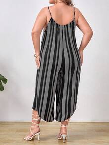 SHEIN VCAY Plus Striped Print Asymmetrical Hem Cami Jumpsuit - Black and White - View 2