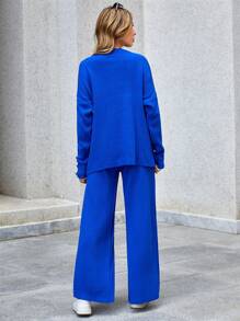 EURMUSE Mock Neck Drop Shoulder Sweater & Knit Pants - Blue - View 2