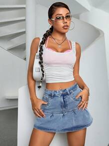 SHEIN ICON 荷葉邊牛仔半身裙 - 淺色水洗藍 - 查看 5