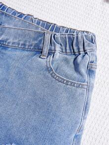 Quần Short Denim Trùm Eo Cô Gái Tuổi Teen Rách Hem Nguyên - Rửa trung bình - Xem 5