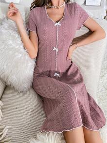 Contrast Binding Bow Front Nightdress - Pink - View 6