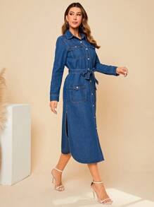 SHEIN Privé Flap Pocket Button Front Split Side Denim Dress - Dark Wash - View 4
