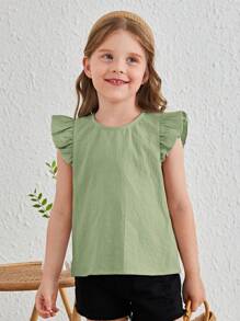 SHEIN Cô Gái Trẻ Viền Ruffle Nút Quay lại Curved Hem Áo sơ mi - Màu xanh Bạc hà - Xem 2