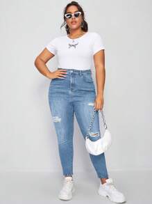 EMERY ROSE Plus High Waist Ripped Skinny Jeans - Light Wash - View 3