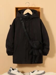 SHEIN Tween Boy 1pc Zip Up Hooded Padded Coat - Black - View 6