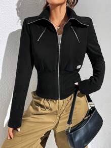 SHEIN EZwear Letter Patched Zip Up Padded Coat - Black - View 1