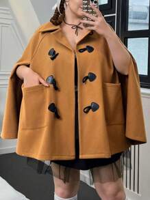 Flirla Plus Cloak Sleeve Duffle Cape Overcoat - Khaki - View 6