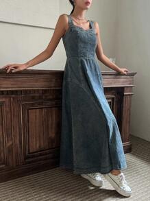 DAZY Women's Waist Cinched Long Casual Suspender Dress, Sexy Denim Dress For Summer Maxi Dress - Dusty Blue - View 4