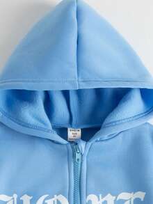 SHEIN 少女字母图案拉链保暖连帽衫 - 藍色 - 查看 3
