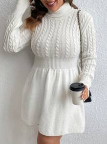 SHEIN VCAY 秋冬加大码高领麻花针织毛衣裙 - 白色 - 查看 6