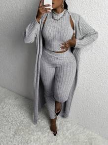 Slaydiva 大碼小高領背心上衣&緊身打底褲&外套 - 灰色 - 查看 2