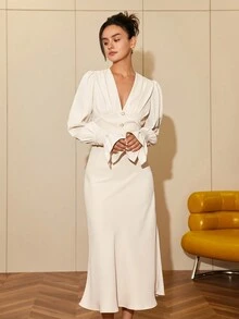 Đầm dài tay cổ chữ V màu trơn dáng đuôi cá dành cho nữ, đầm dạ hội thanh lịch, trang phục đi nghỉ mát, dự tiệc, áo Abaya, trang phục công sở thường ngày mùa xuân. - Màu be - Xem 8