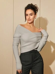 女式露肩长袖毛衣，性感露背上衣，春夏 - 灰色 - 查看 5