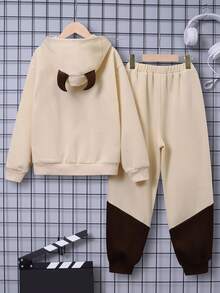 SHEIN Tween Boy Cow Print Hoodie & Two Tone Sweatpants - Apricot - View 2