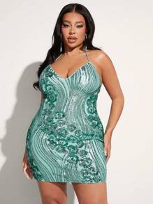 SHEIN SXY Của phụ nữ Kích thước lớn Kim sa Vá lại Halterneck Đầm Midi Màu xanh lá Đầm Gợi cảm Câu lạc bộ Lễ tình nhân - màu xanh lá - Xem 4