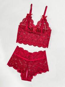 Snug Zone Floral Lace Scallop Trim Lingerie Set - Burgundy - View 3
