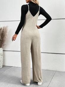 SHEIN LUNE 1入組羅紋針織吊帶連衣褲（無T恤） - 卡其色 - 查看 2