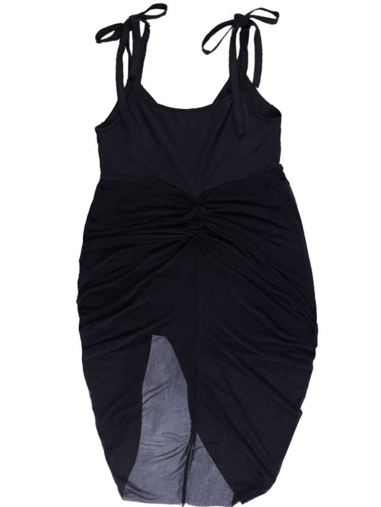 Plus Tie Shoulder Ruched Split Thigh Cami Dress