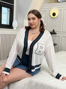 Flirla Plus Letter Patched Striped Trim Drop Shoulder Cardigan - White - View 1