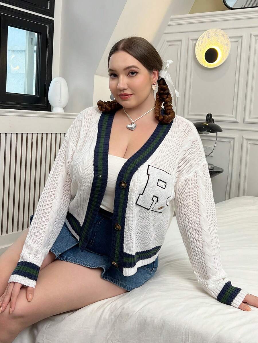 Flirla Plus Letter Patched Striped Trim Drop Shoulder Cardigan - White - View 1