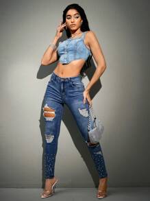 SHEIN BAE Quần Jeans Rách Họa Tiết Kim Cương Giả - Màu xanh lam - Xem 8