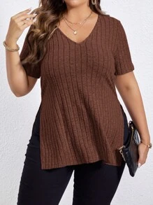 SHEIN Essnce Plus Split Hem Ribbed Knit Tee