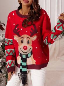 SHEIN LUNE Christmas Pattern Drop Shoulder Sweater - Multicolor - View 5