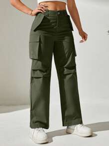 SHEIN PETITE Solid Flap Pocket Cargo Pants - Army Green - View 3