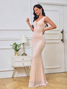 Vestido de fiesta bajo sirena con lentejuelas - Rosa Pálido - Ver 6