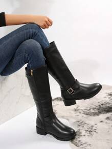 女性時尚高幫平底復古西部牛仔靴附腰帶扣飾,新設計馬靴 - 黑色 - 查看 5