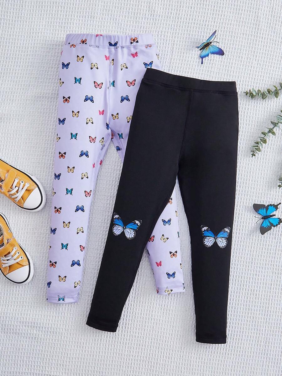 SHEIN Young Girl 2pcs Butterfly Print Leggings - Multicolor - View 1