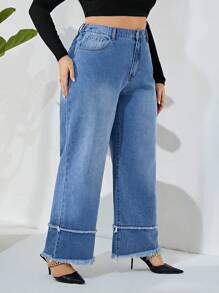 SHEIN Privé Cộng với quần jean ống rộng cắt thô cạp cao - Rửa trung bình - Xem 4