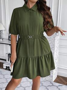 SHEIN LUNE 大碼泡泡袖荷葉邊下擺束帶襯衫洋裝