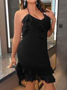 Celure Plus Ruffle Trim Tie Backless Halter Neck Asymmetrical Hem Dress - Black - View 3