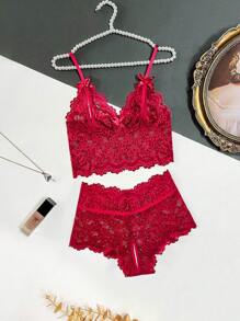 Snug Zone Floral Lace Scallop Trim Lingerie Set - Burgundy - View 1
