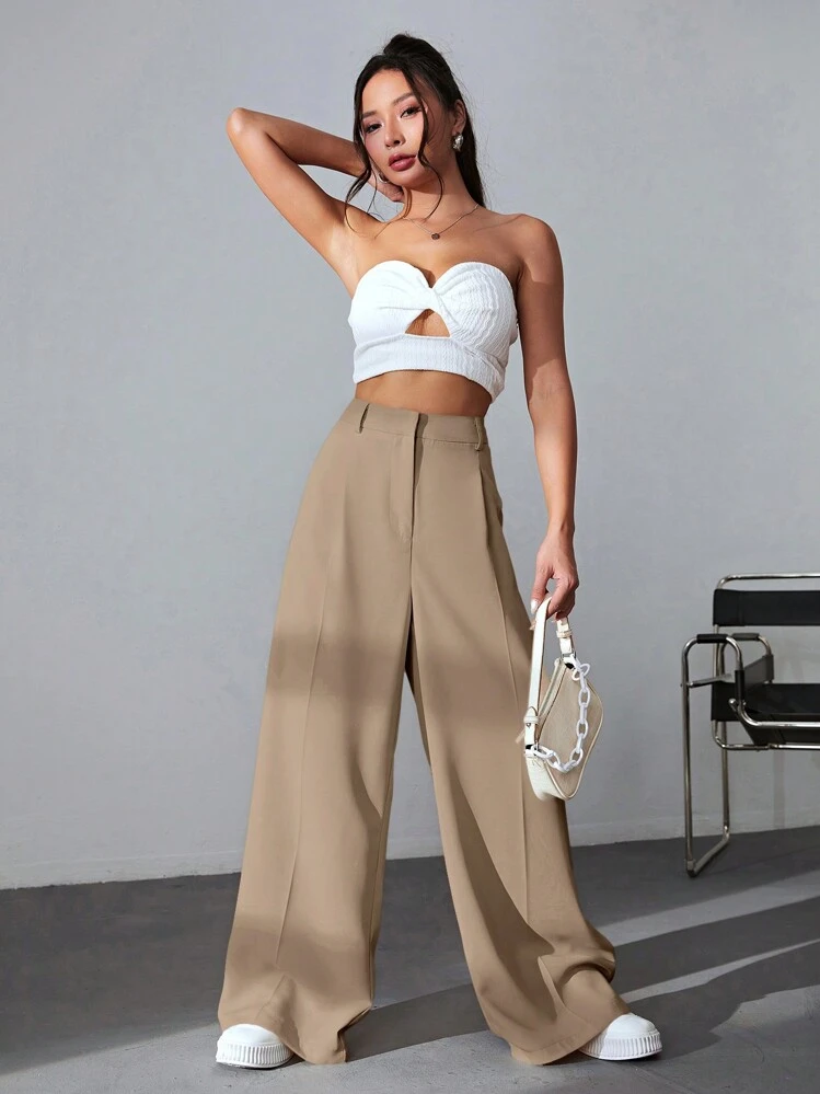 SHEIN EZwear Solid Wide Leg Khaki Pants - Khaki - View 5