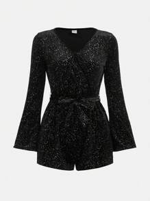 Teen Girl Glitter Belted Romper for Christmas - Black - View 1