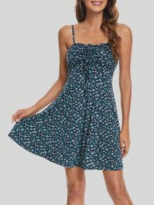 小碎花正面花卉抽繩吊帶洋裝 - 綠色 - 查看 4