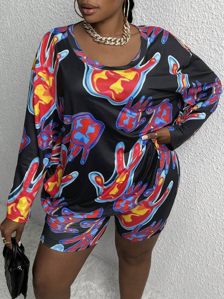 Plus Hands Print Tee & Biker Shorts