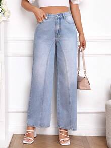 SHEIN Privé 高腰闊腿牛仔褲 - 淺色水洗藍 - 查看 5