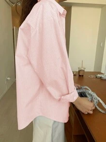 DAZY Camisa de manga larga con bolsillo y parche, con rayas verticales y hombros caídos, ropa de otoño - Rosa - Ver 2