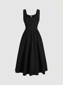 SHEIN MOD Solid Lace Trim Ruched Bust Dress - Black - View 2
