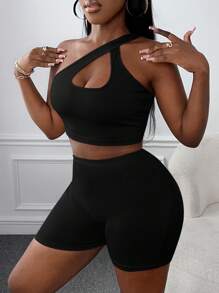 Slaydiva One Shoulder Crop Top & Biker Shorts - Black - View 3