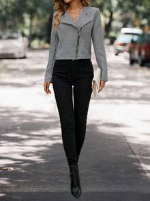 SHEIN Privé 千鳥格印花拉鍊機車夾克 - 黑與白 - 查看 3