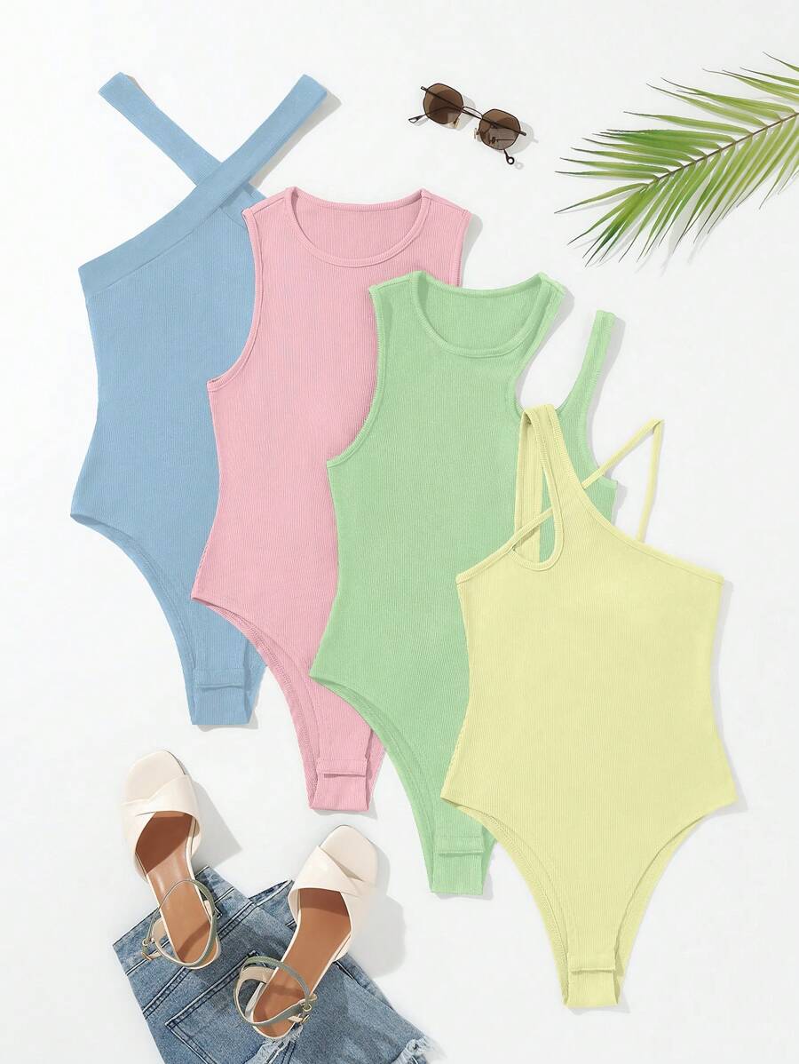 Chiquease 4pcs Solid Ribbed Knit Bodysuit - Multicolor - View 1